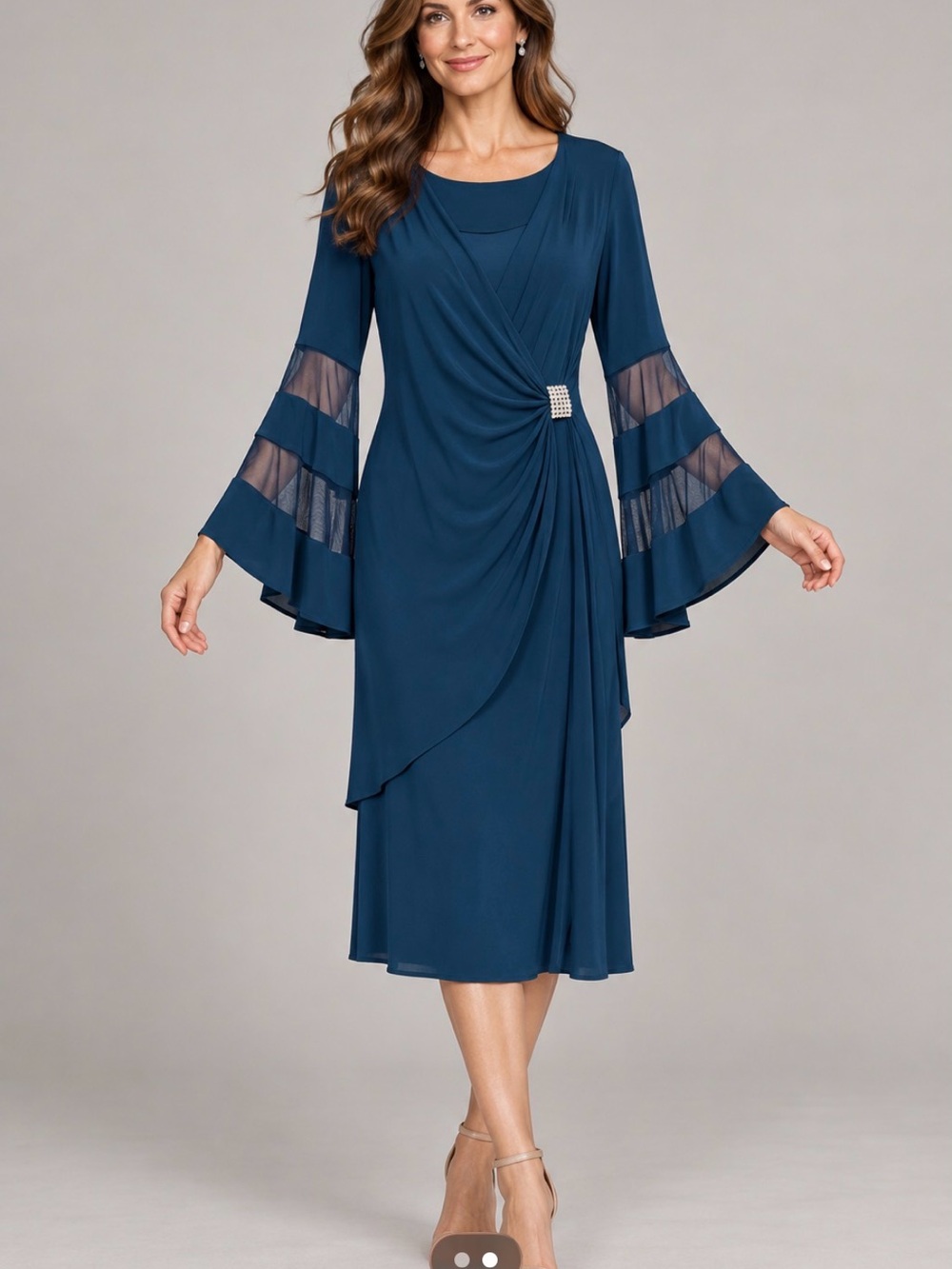 R&M Richards Teal Midi Dress with Sheer Bell Sleeves and Side Brooch